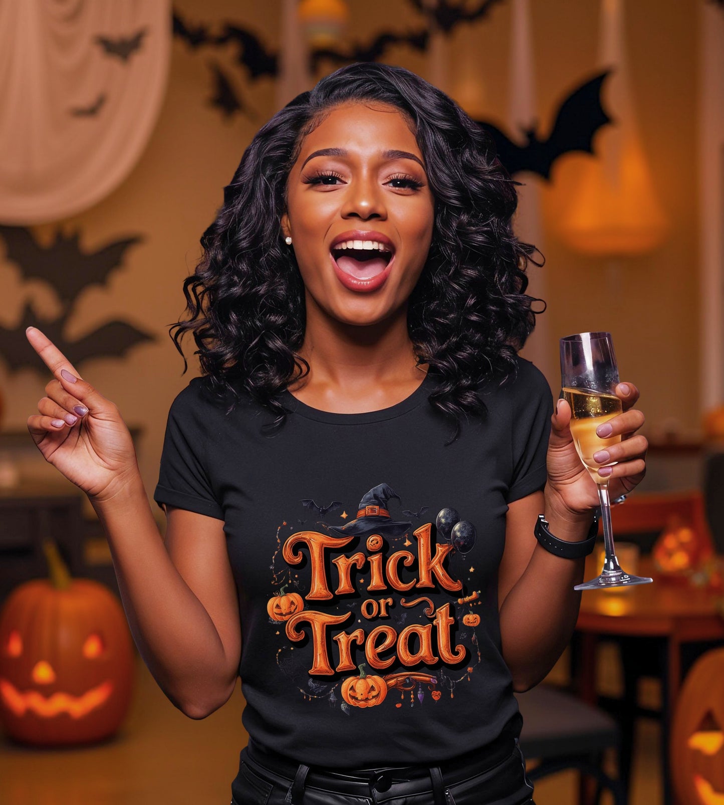 Trick or Treat Halloween Shirt | Spooky Pumpkin Witch Hat Graphic Tee | Funny Unisex Costume T-Shirt | Cute Halloween Party Top