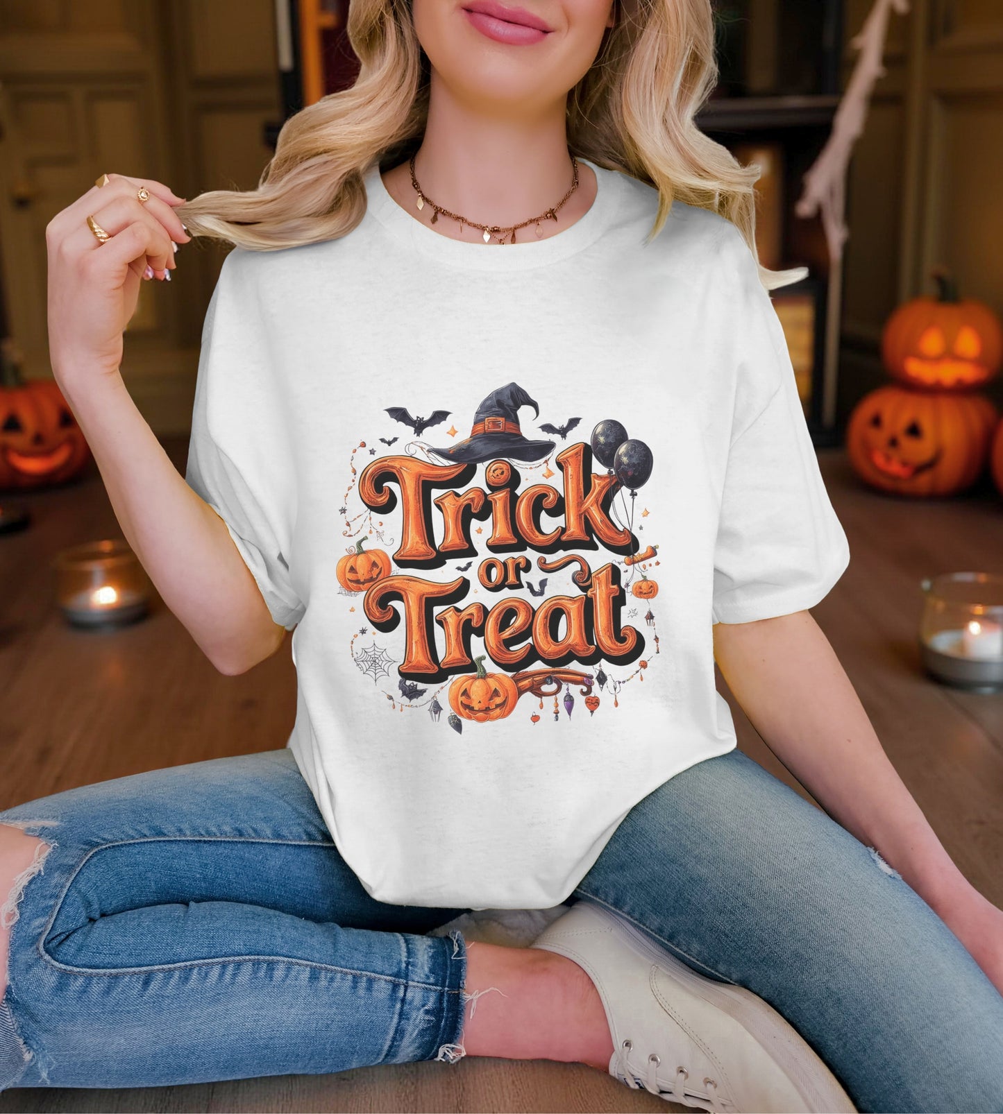 Trick or Treat Halloween Shirt | Spooky Pumpkin Witch Hat Graphic Tee | Funny Unisex Costume T-Shirt | Cute Halloween Party Top