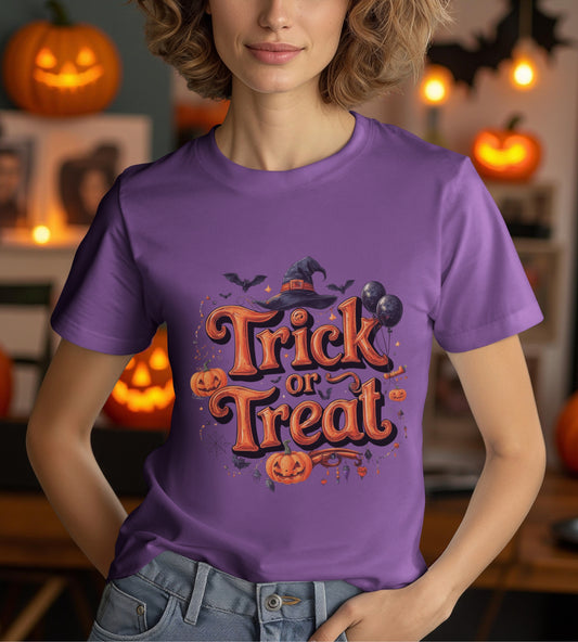 Trick or Treat Halloween Shirt | Spooky Pumpkin Witch Hat Graphic Tee | Funny Unisex Costume T-Shirt | Cute Halloween Party Top