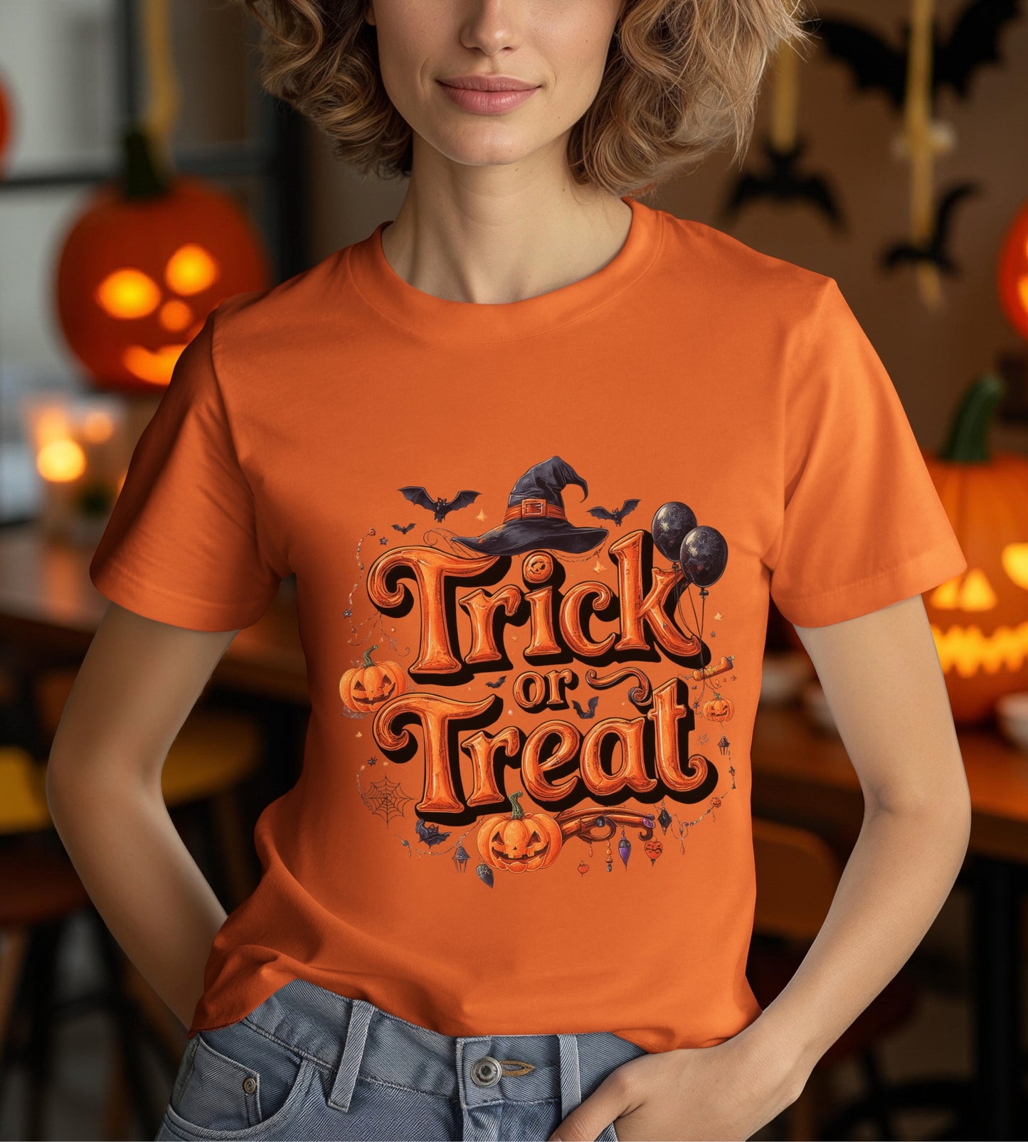 Trick or Treat Halloween Shirt | Spooky Pumpkin Witch Hat Graphic Tee | Funny Unisex Costume T-Shirt | Cute Halloween Party Top