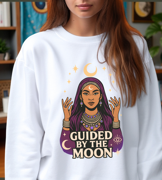 Guided by the Moon Sweatshirt, Mystical Celestial Graphic Pullover, Astrology Spiritual Unisex Crewneck, Moon Phase Cozy Gift, Celestial