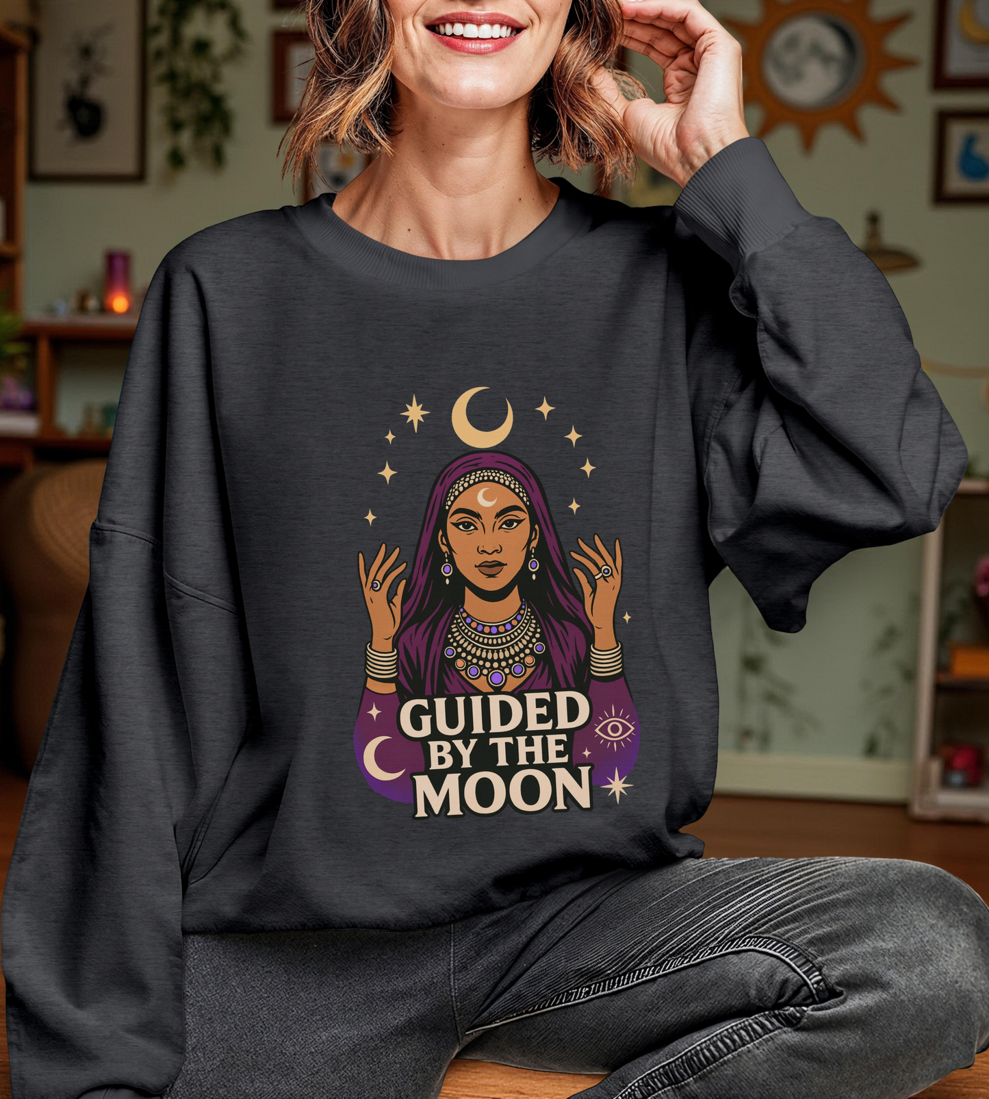 Guided by the Moon Sweatshirt, Mystical Celestial Graphic Pullover, Astrology Spiritual Unisex Crewneck, Moon Phase Cozy Gift, Celestial