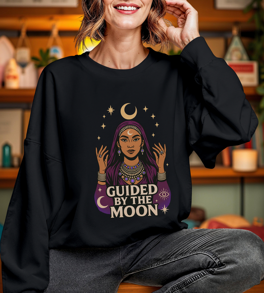 Guided by the Moon Sweatshirt, Mystical Celestial Graphic Pullover, Astrology Spiritual Unisex Crewneck, Moon Phase Cozy Gift, Celestial