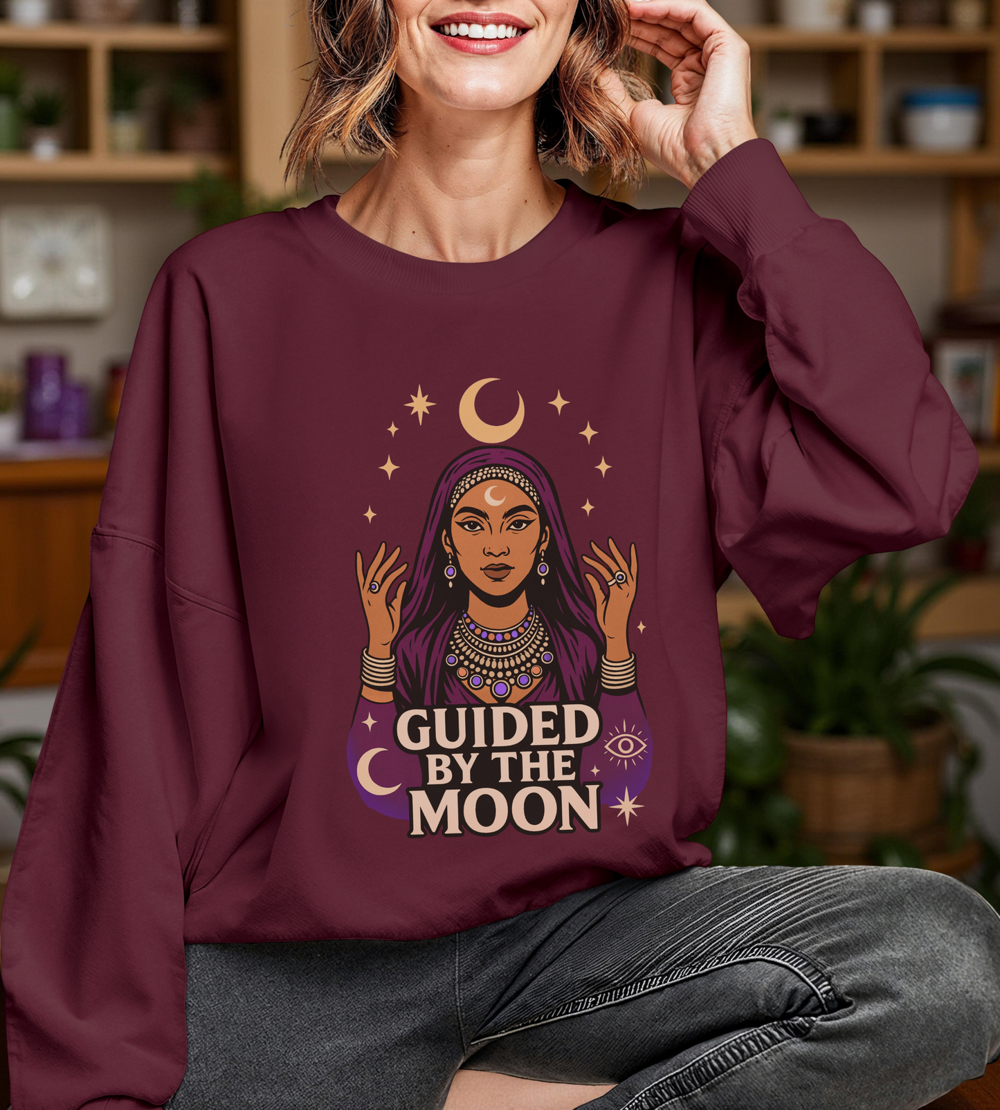 Guided by the Moon Sweatshirt, Mystical Celestial Graphic Pullover, Astrology Spiritual Unisex Crewneck, Moon Phase Cozy Gift, Celestial