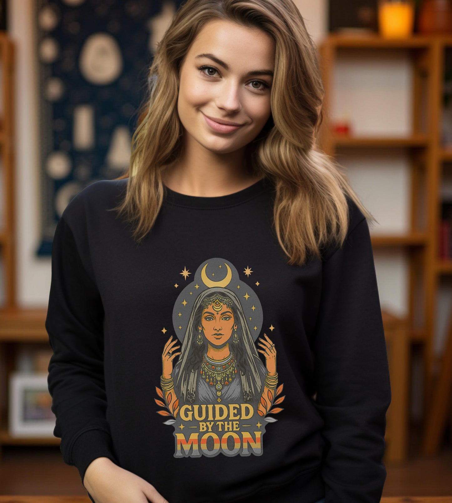 Guided by the Moon Sweatshirt, Celestial Graphic Pullover, Moon Phase Cozy Top, Astrology Gift, Gildan 18000 Sweatshirt