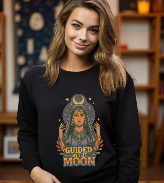Guided by the Moon Sweatshirt, Celestial Graphic Pullover, Moon Phase Cozy Top, Astrology Gift, Gildan 18000 Sweatshirt
