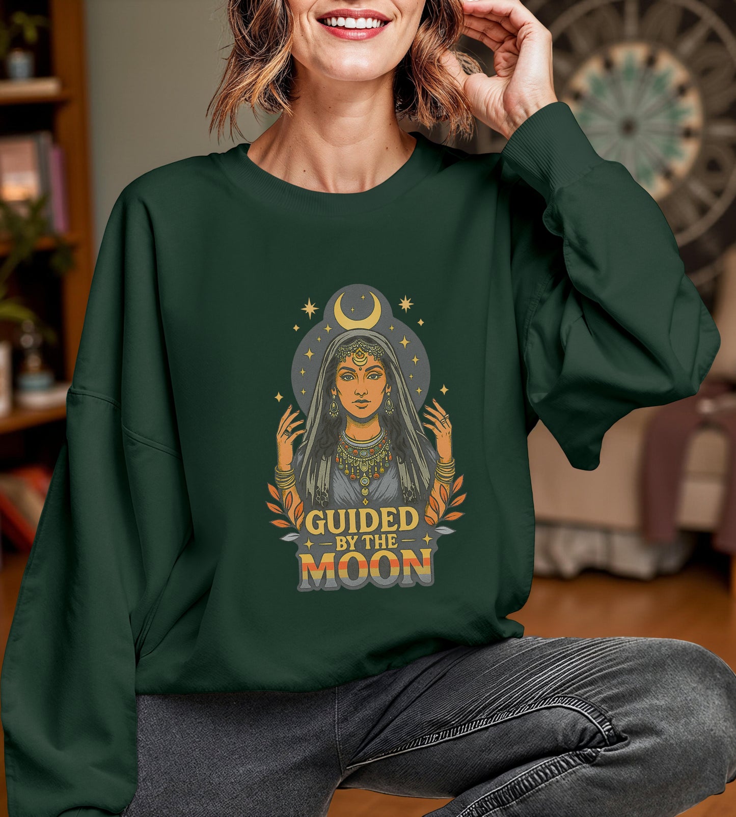 Guided by the Moon Sweatshirt, Celestial Graphic Pullover, Moon Phase Cozy Top, Astrology Gift, Gildan 18000 Sweatshirt