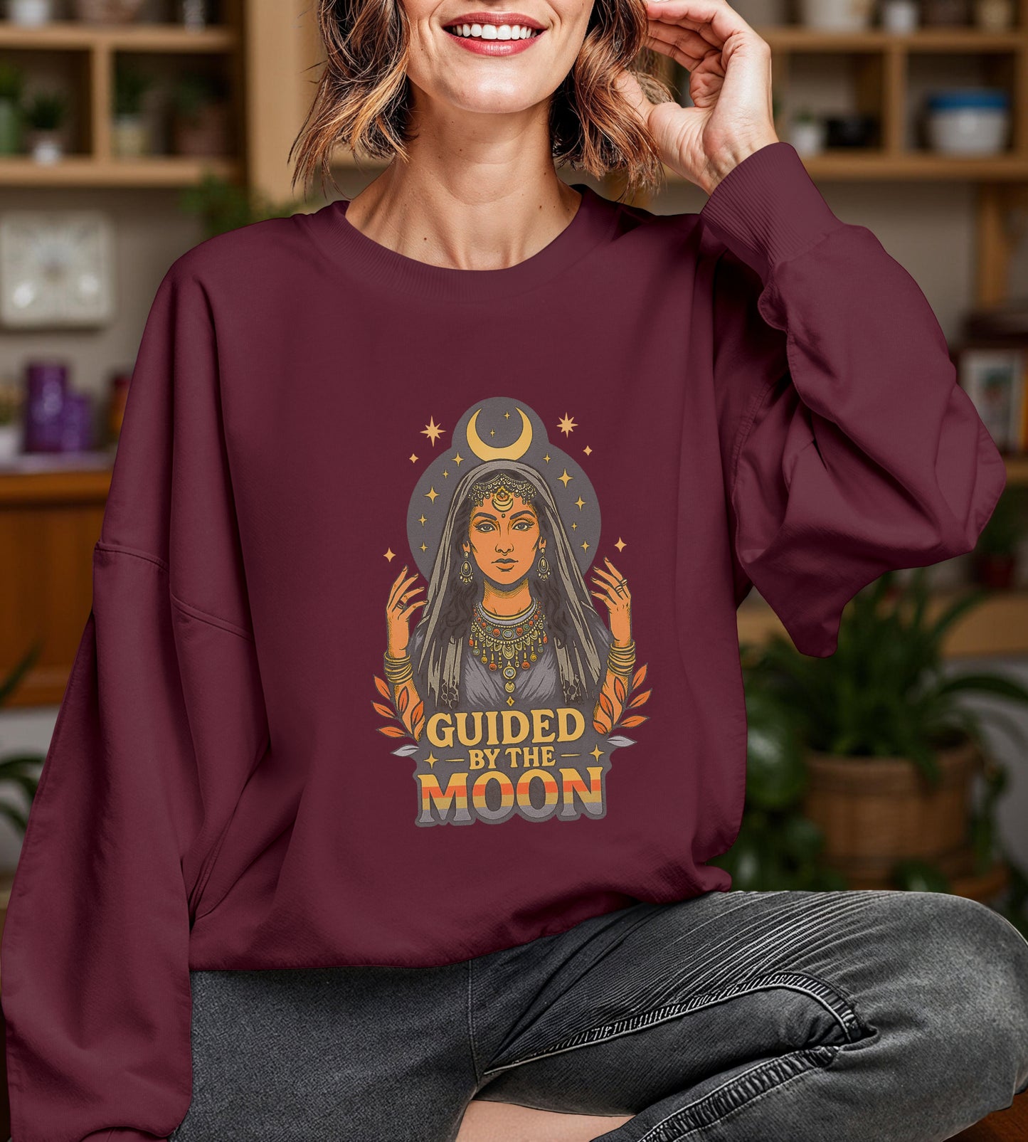 Guided by the Moon Sweatshirt, Celestial Graphic Pullover, Moon Phase Cozy Top, Astrology Gift, Gildan 18000 Sweatshirt