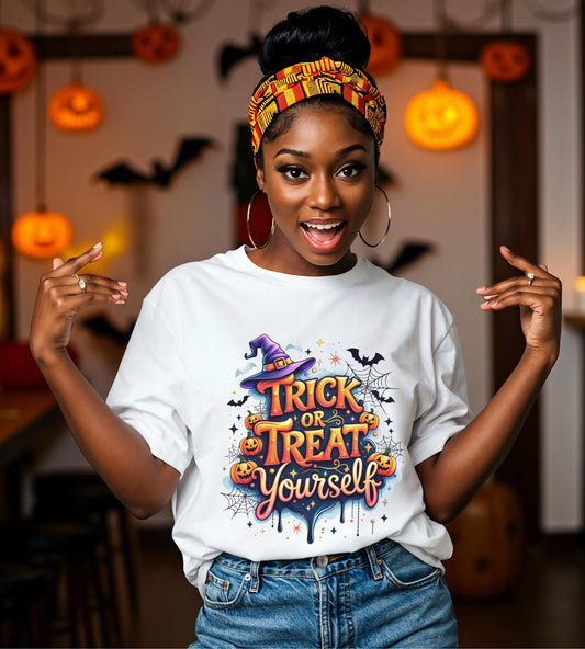 Trick or Treat Yourself Halloween Shirt | Funny Witch Pumpkin Graphic Tee | Spooky Unisex Costume T-Shirt | Cute Halloween Party Top