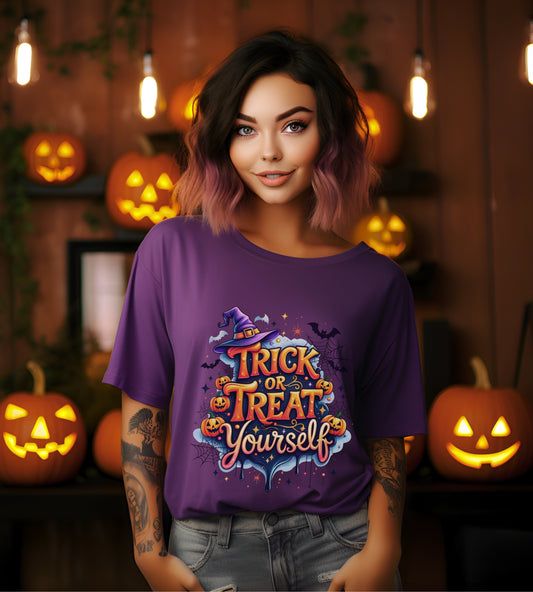 Trick or Treat Yourself Halloween Shirt | Funny Witch Pumpkin Graphic Tee | Spooky Unisex Costume T-Shirt | Cute Halloween Party Top
