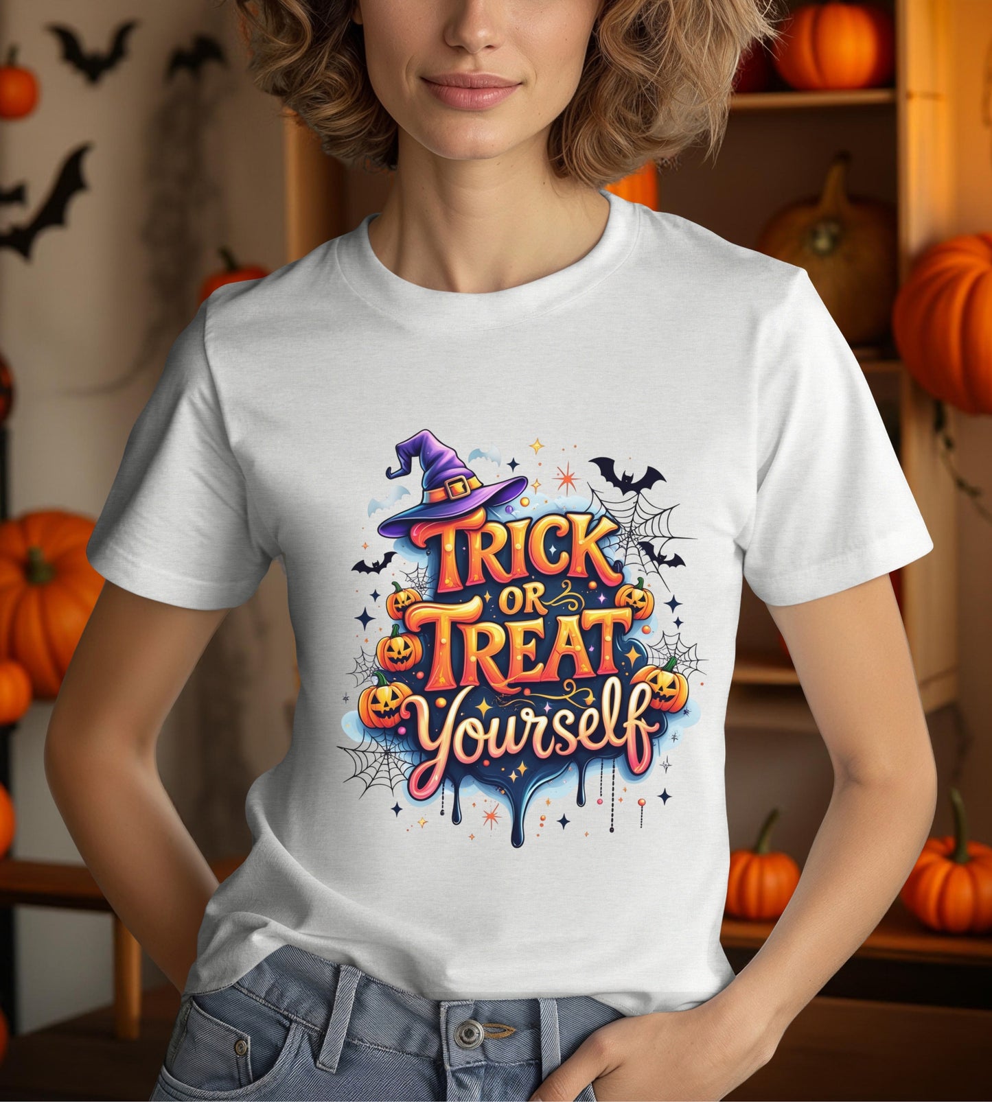 Trick or Treat Yourself Halloween Shirt | Funny Witch Pumpkin Graphic Tee | Spooky Unisex Costume T-Shirt | Cute Halloween Party Top