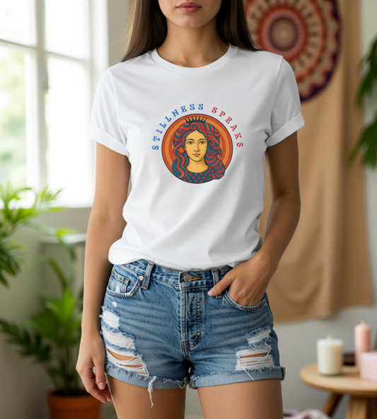 Stillness Speaks T-Shirt, Psychedelic Retro Graphic Tee, Spiritual Mystic Woman Shirt, 70s Boho Aesthetic Top, Inner Peace Gift, Unisex