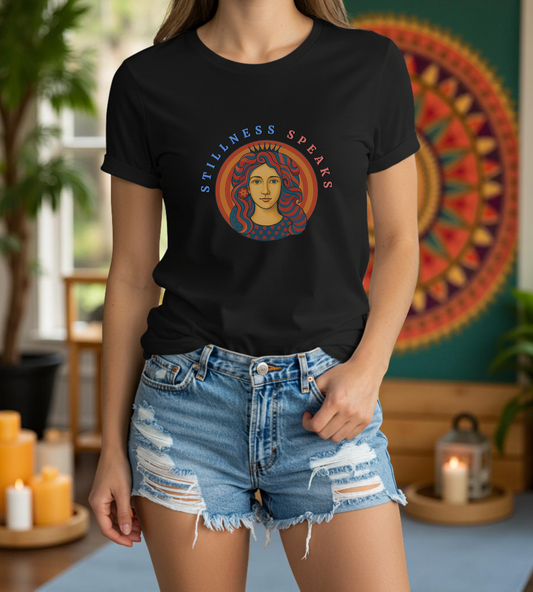 Stillness Speaks T-Shirt, Psychedelic Retro Graphic Tee, Spiritual Mystic Woman Shirt, 70s Boho Aesthetic Top, Inner Peace Gift, Unisex