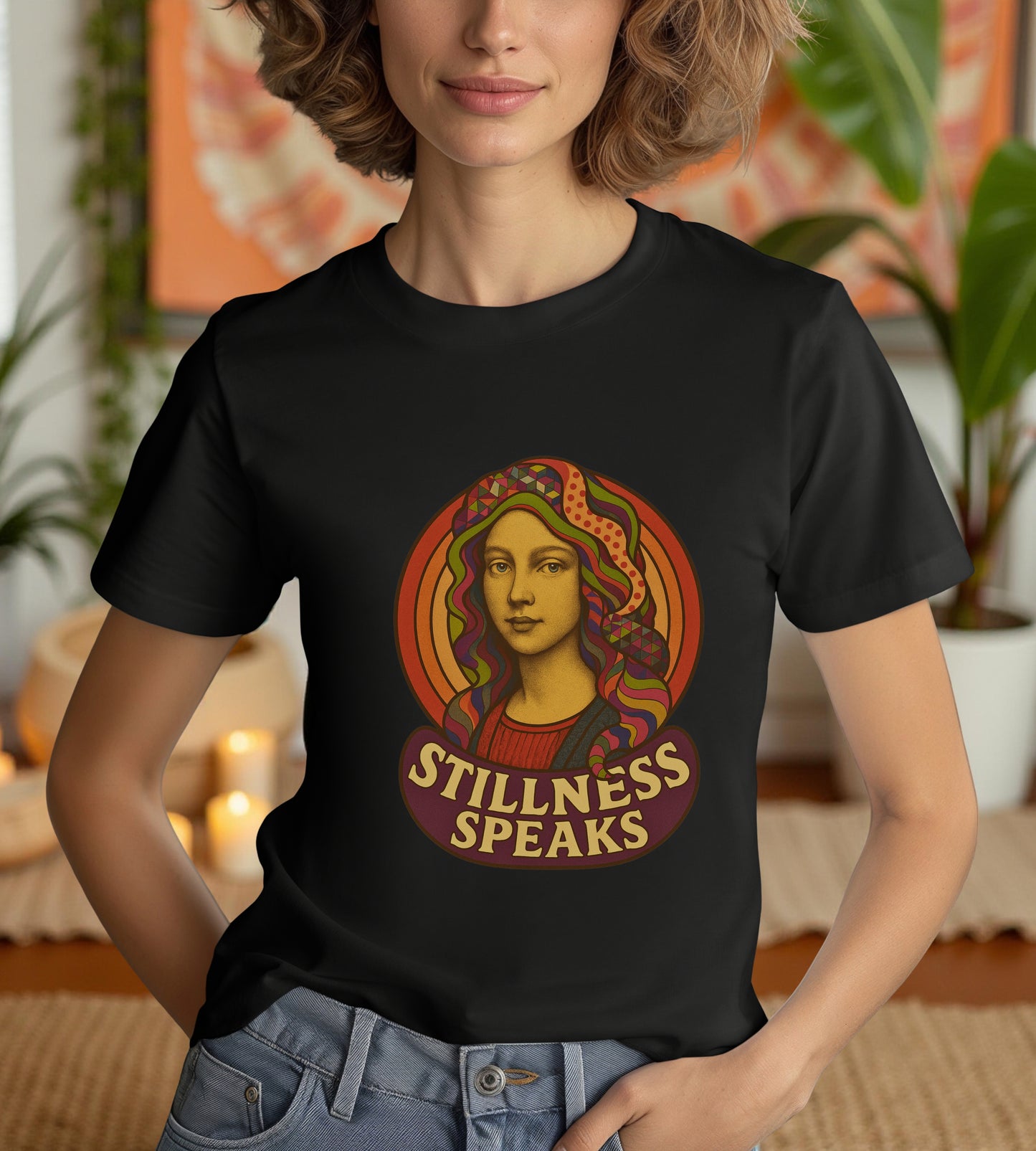 Stillness Speaks T-Shirt, Psychedelic Retro 70s Graphic Tee, Spiritual Mystic Woman Shirt, Boho Trippy Aesthetic Top, Inner Peace Gift,