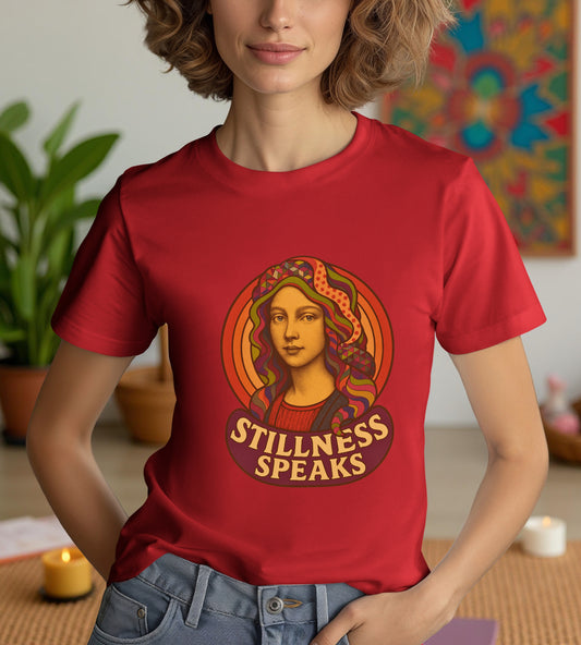 Stillness Speaks T-Shirt, Psychedelic Retro 70s Graphic Tee, Spiritual Mystic Woman Shirt, Boho Trippy Aesthetic Top, Inner Peace Gift,