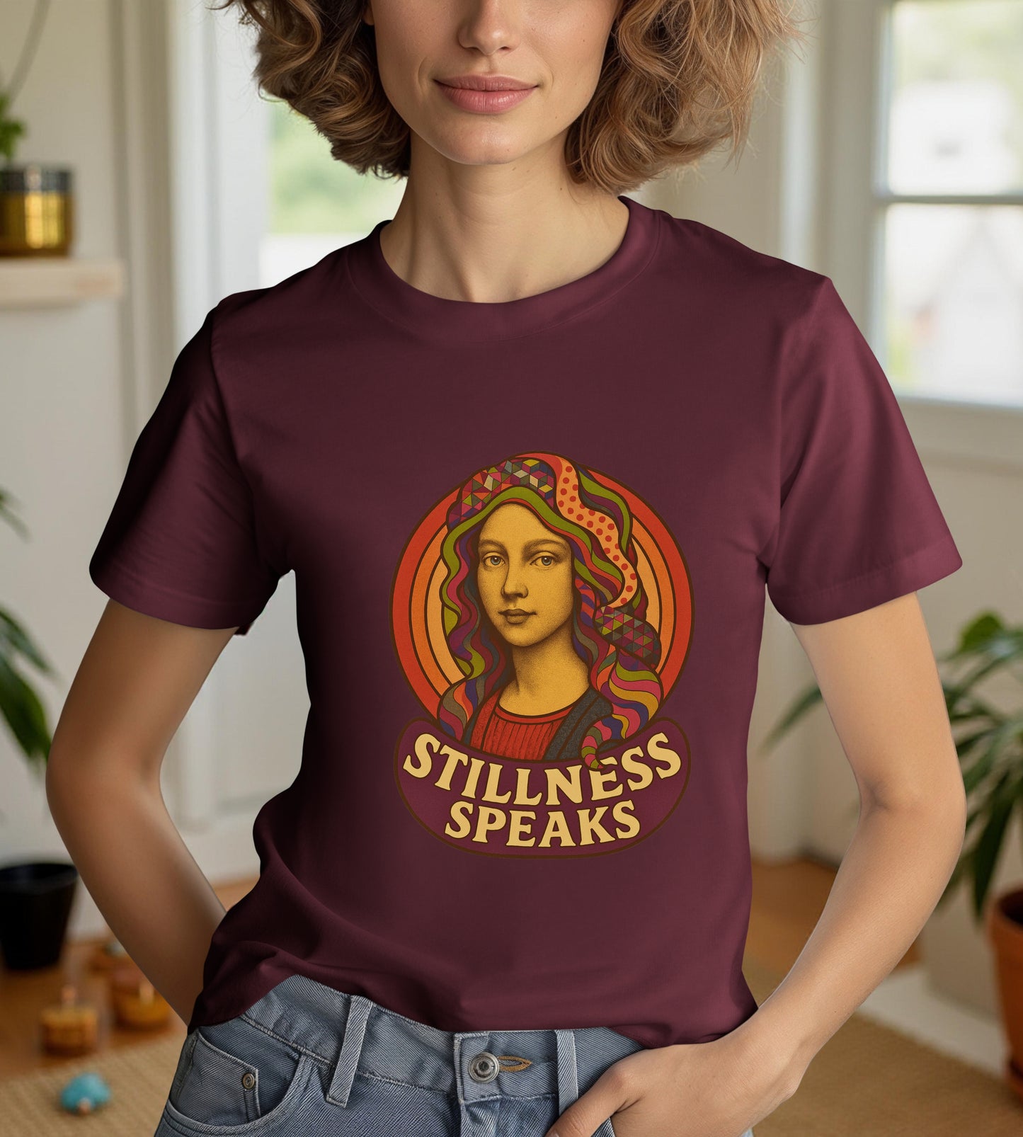 Stillness Speaks T-Shirt, Psychedelic Retro 70s Graphic Tee, Spiritual Mystic Woman Shirt, Boho Trippy Aesthetic Top, Inner Peace Gift,