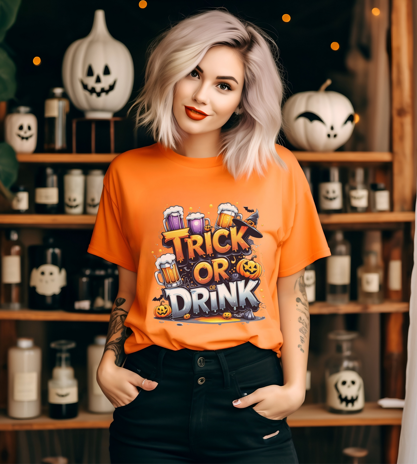 Trick or Drink Halloween Shirt Gildan 5000 | Funny Beer Party Tee | Spooky Pumpkin Witch Hat Graphic T-Shirt | Unisex Halloween Drinking Top