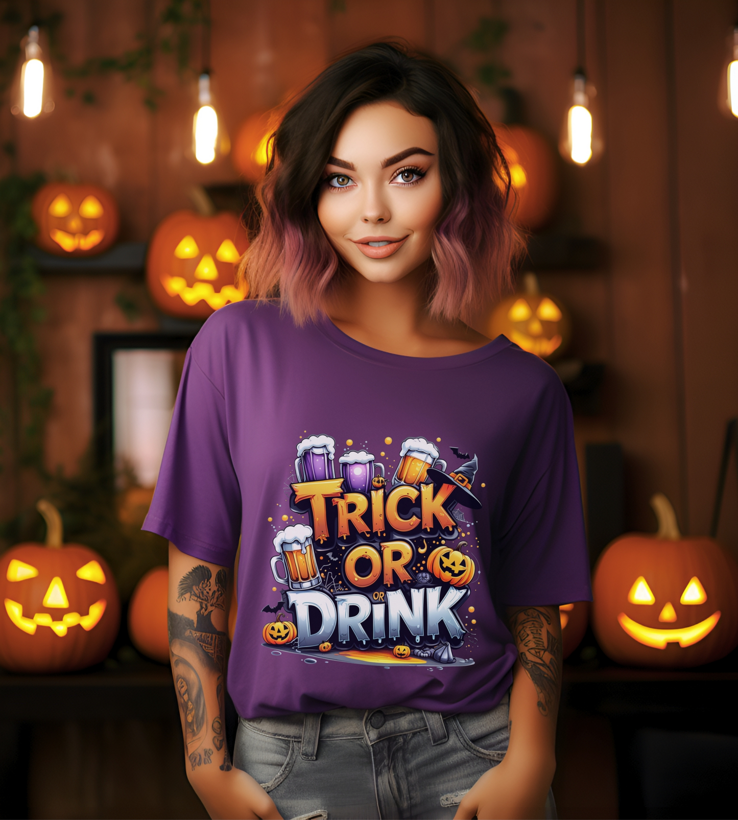 Trick or Drink Halloween Shirt Gildan 5000 | Funny Beer Party Tee | Spooky Pumpkin Witch Hat Graphic T-Shirt | Unisex Halloween Drinking Top