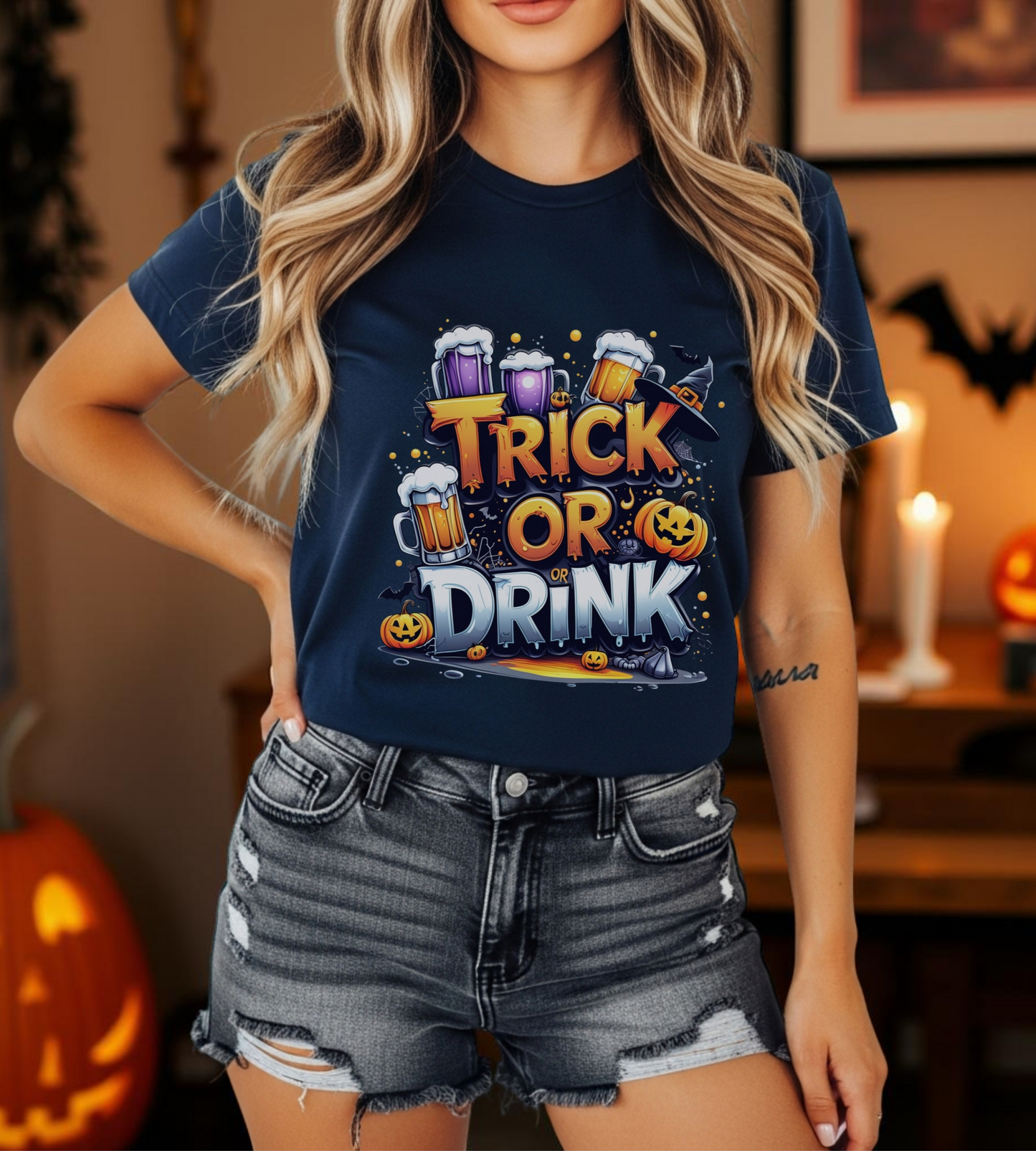 Trick or Drink Halloween Shirt Gildan 5000 | Funny Beer Party Tee | Spooky Pumpkin Witch Hat Graphic T-Shirt | Unisex Halloween Drinking Top