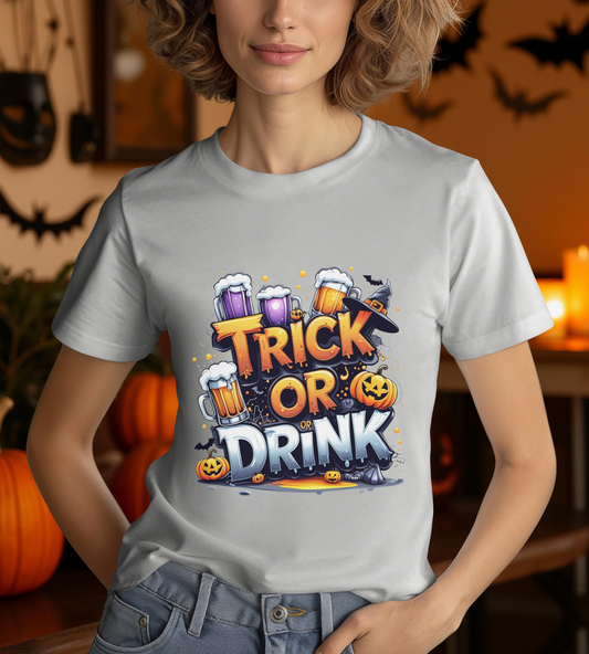 Trick or Drink Halloween Shirt Gildan 5000 | Funny Beer Party Tee | Spooky Pumpkin Witch Hat Graphic T-Shirt | Unisex Halloween Drinking Top