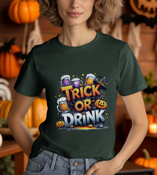 Trick or Drink Halloween Shirt Gildan 5000 | Funny Beer Party Tee | Spooky Pumpkin Witch Hat Graphic T-Shirt | Unisex Halloween Drinking Top