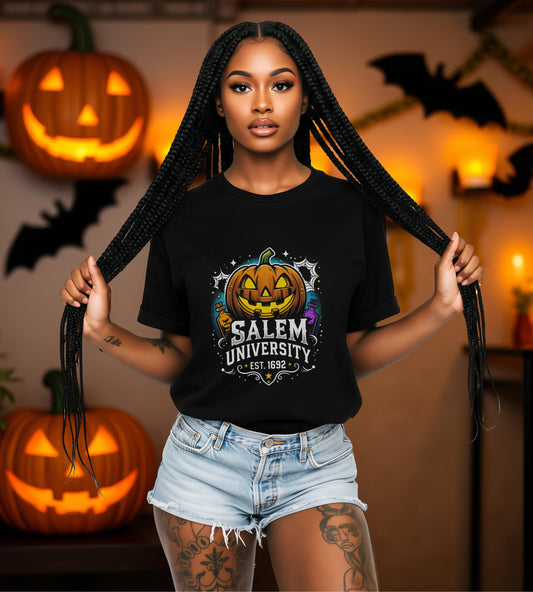 Salem University Halloween Shirt | Funny Witch Pumpkin Graphic Tee | Spooky Witchcraft Unisex T-Shirt | Vintage Halloween Party Top