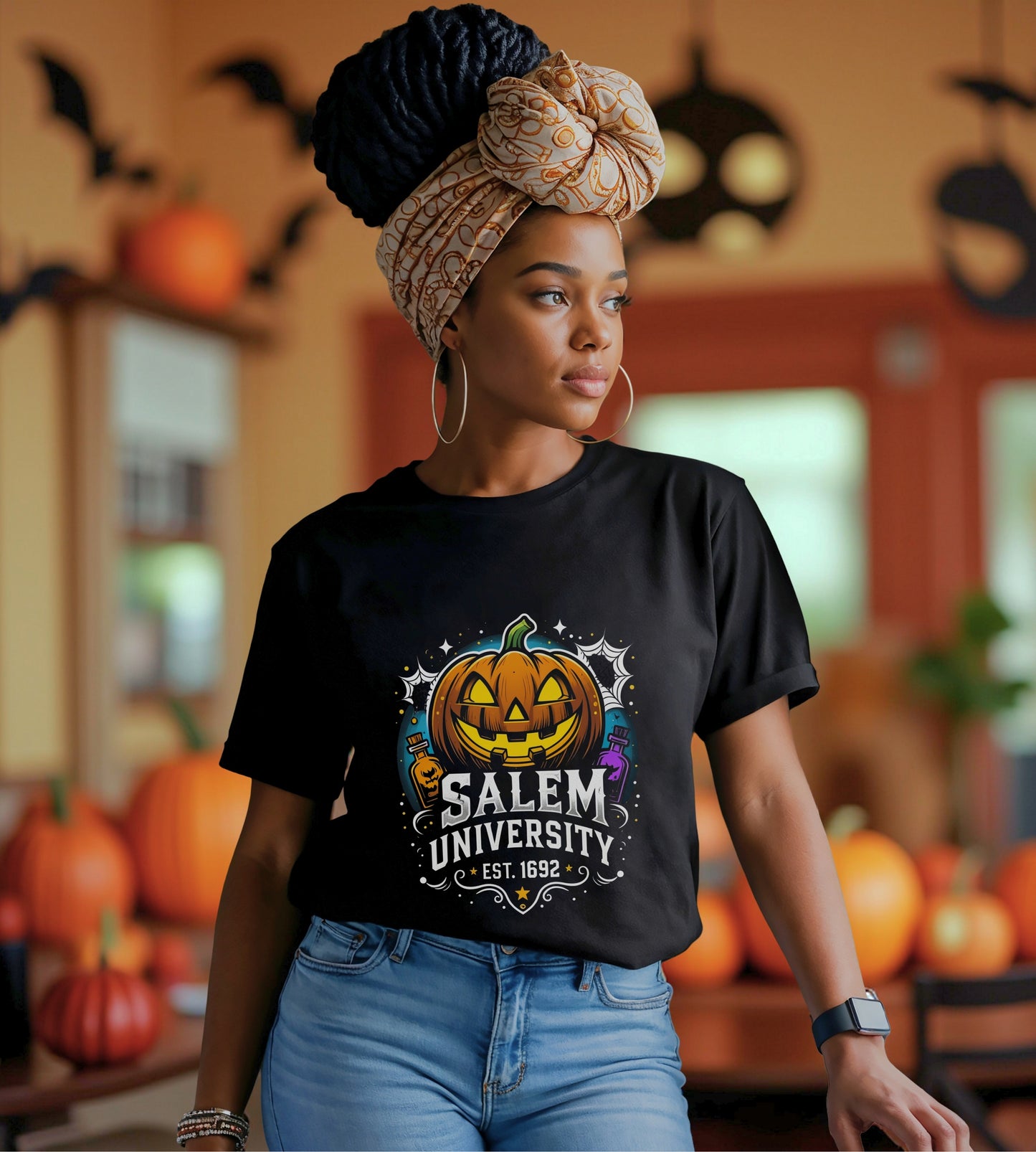Salem University Halloween Shirt | Funny Witch Pumpkin Graphic Tee | Spooky Witchcraft Unisex T-Shirt | Vintage Halloween Party Top