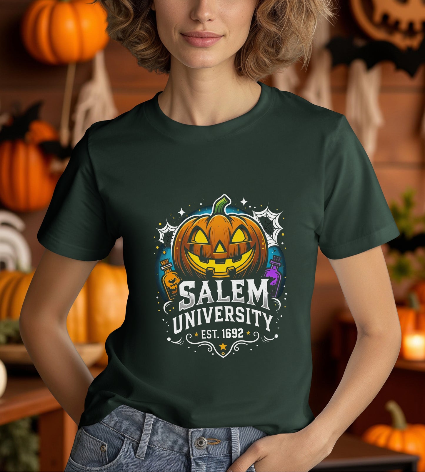 Salem University Halloween Shirt | Funny Witch Pumpkin Graphic Tee | Spooky Witchcraft Unisex T-Shirt | Vintage Halloween Party Top