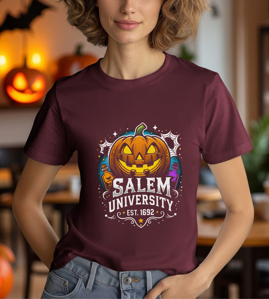 Salem University Halloween Shirt | Funny Witch Pumpkin Graphic Tee | Spooky Witchcraft Unisex T-Shirt | Vintage Halloween Party Top