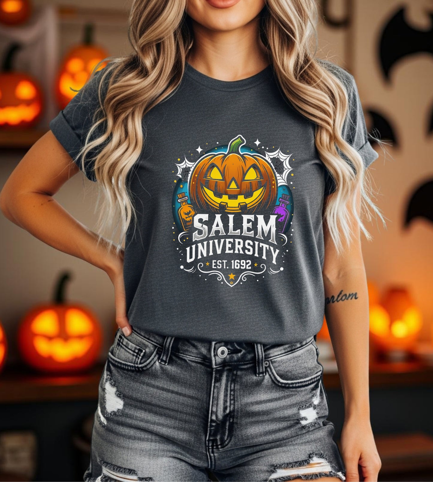 Salem University Halloween Shirt | Funny Witch Pumpkin Graphic Tee | Spooky Witchcraft Unisex T-Shirt | Vintage Halloween Party Top