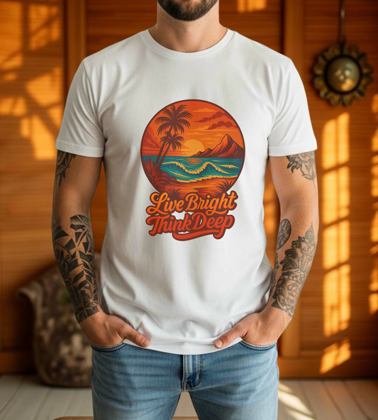 Retro Sunset Ocean Wave Graphic Tee - Live Bright Think Deep T-Shirt, Palm Tree Beach Shirt, Inspirational Typography, Unisex Bella Canvas