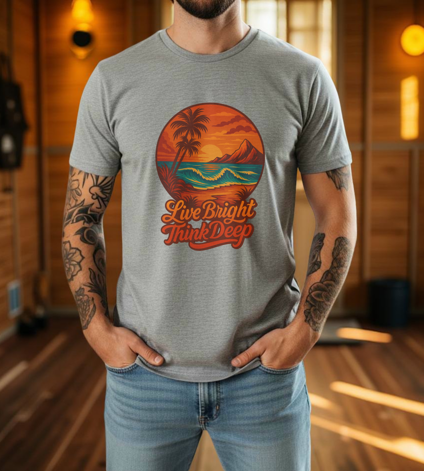 Retro Sunset Ocean Wave Graphic Tee - Live Bright Think Deep T-Shirt, Palm Tree Beach Shirt, Inspirational Typography, Unisex Bella Canvas