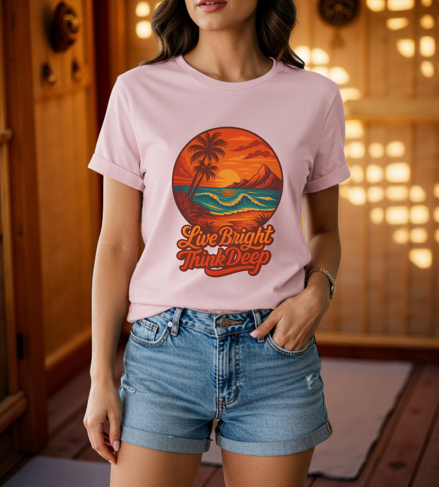 Retro Sunset Ocean Wave Graphic Tee - Live Bright Think Deep T-Shirt, Palm Tree Beach Shirt, Inspirational Typography, Unisex Bella Canvas