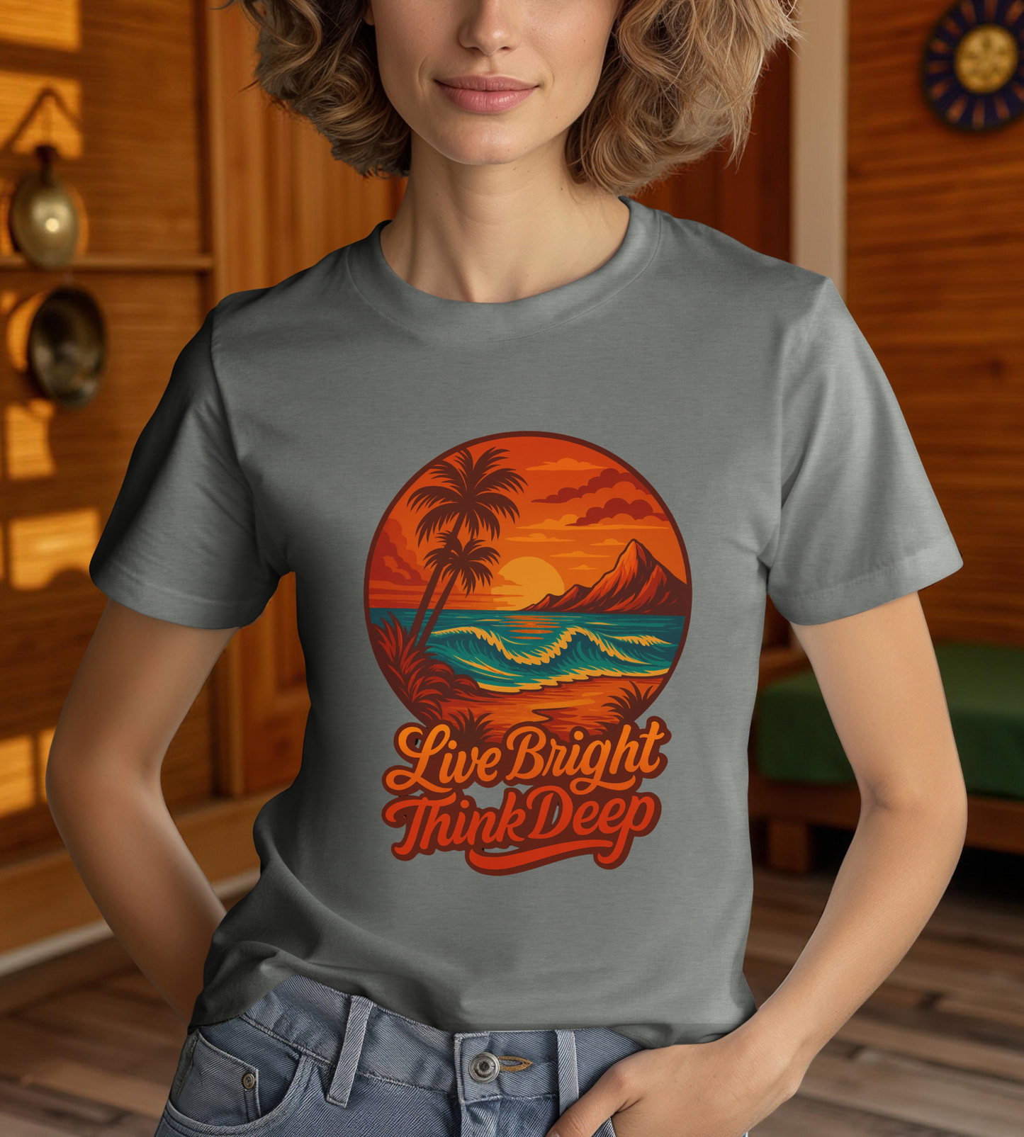 Retro Sunset Ocean Wave Graphic Tee - Live Bright Think Deep T-Shirt, Palm Tree Beach Shirt, Inspirational Typography, Unisex Bella Canvas