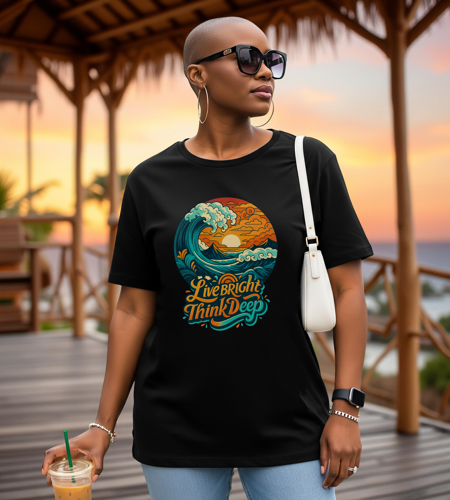 Retro Ocean Wave Sunset T-Shirt, Inspirational Typography Tee, Unisex Graphic Top, Gift for Men & Women, Live Bright Think Deep Shirt