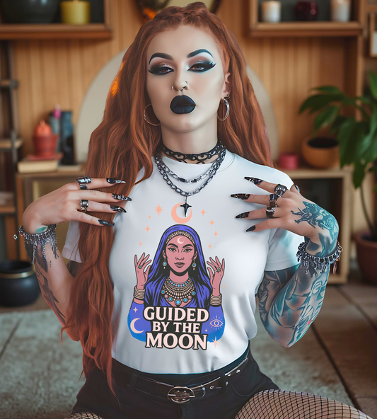 Guided by the Moon T Shirt, Mystical Celestial Graphic Tee, Spiritual Astrology Unisex Top, Moon Phase Witchy Gift for Moon Lovers - Unisex