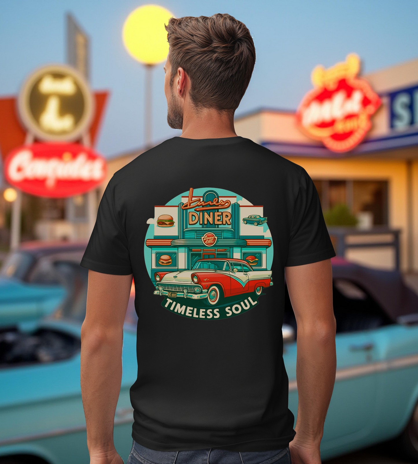 Retro Diner T-Shirt, Vintage Car Graphic Tee, 1950s American Drive-In Shirt, Rockabilly Unisex Top