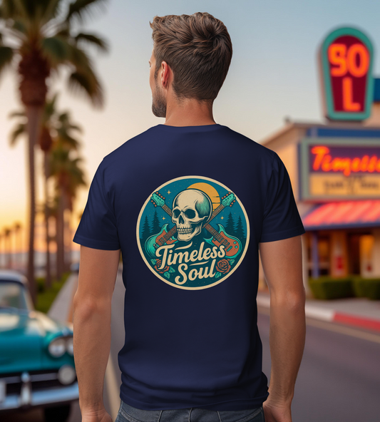 Timeless Soul Rock T-Shirt - Retro Skull and Guitars Graphic Tee, Vintage Rock & Roll Band Shirt, Gothic Music Festival Unisex Top,
