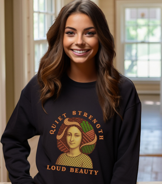 Quiet Strength Loud Beauty Graphic Sweatshirt - Retro Vintage Aesthetic Unisex Gildan 18000, Feminine Power Art Shirt, Crewneck Jumper,