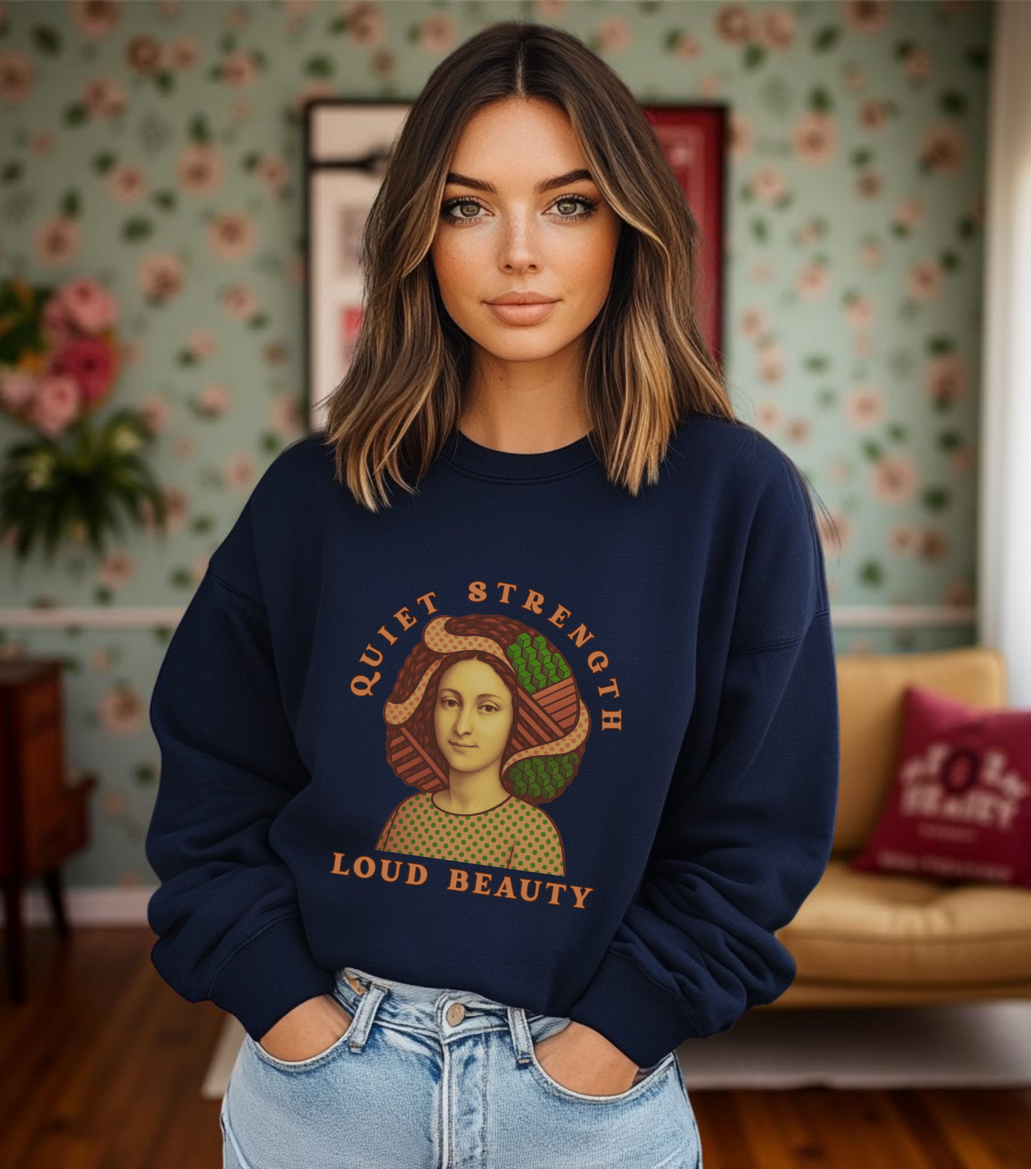 Quiet Strength Loud Beauty Graphic Sweatshirt - Retro Vintage Aesthetic Unisex Gildan 18000, Feminine Power Art Shirt, Crewneck Jumper,