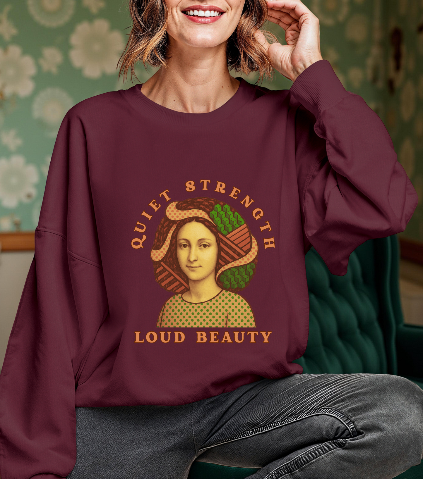 Quiet Strength Loud Beauty Graphic Sweatshirt - Retro Vintage Aesthetic Unisex Gildan 18000, Feminine Power Art Shirt, Crewneck Jumper,