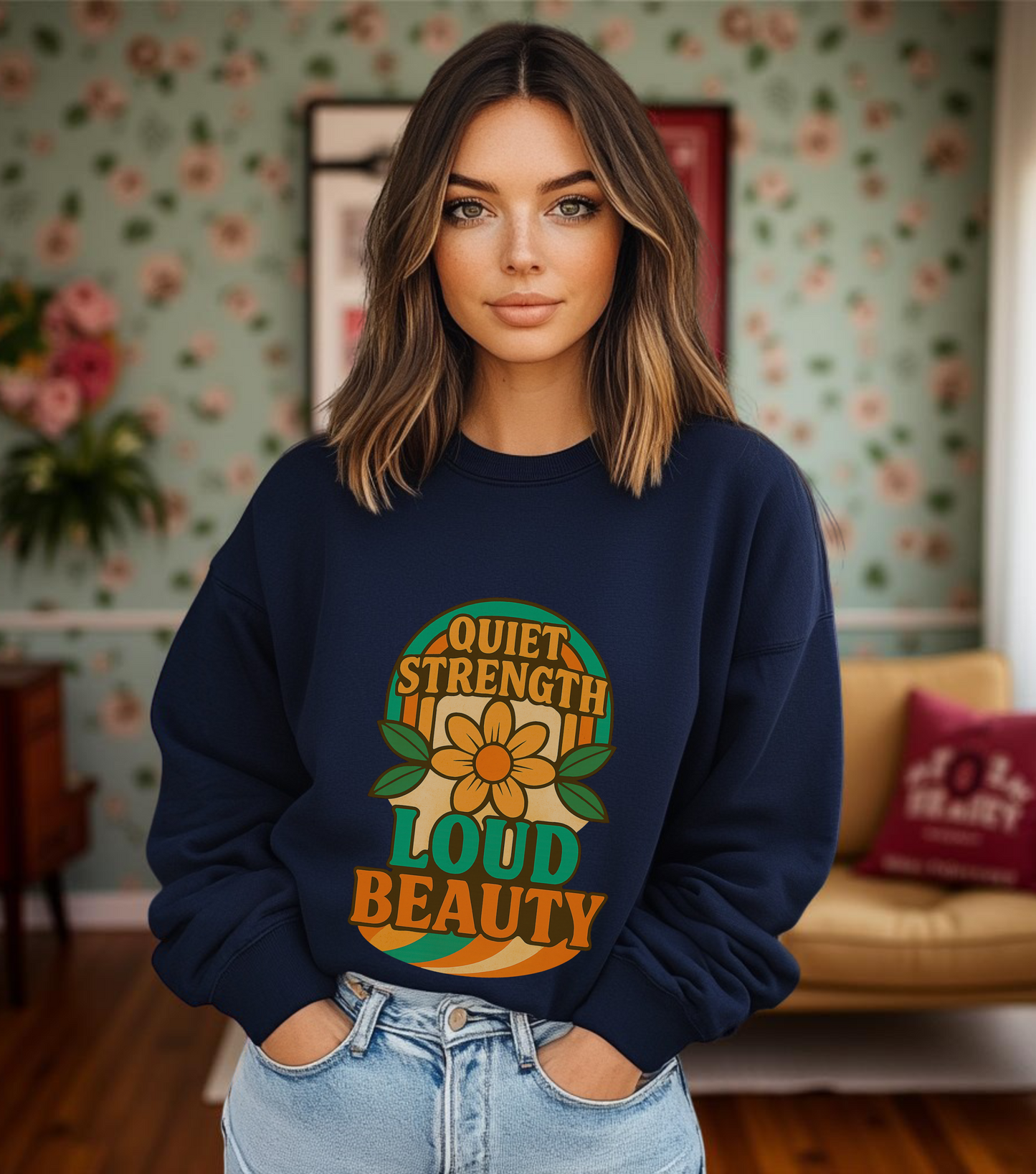 Retro Flower Sweatshirt, 70s Vintage Boho Crewneck, Positive Affirmation Graphic Pullover, Women Men Shirt, Gildan 18000, Quiet Strength