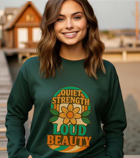 Retro Flower Sweatshirt, 70s Vintage Boho Crewneck, Positive Affirmation Graphic Pullover, Women Men Shirt, Gildan 18000, Quiet Strength