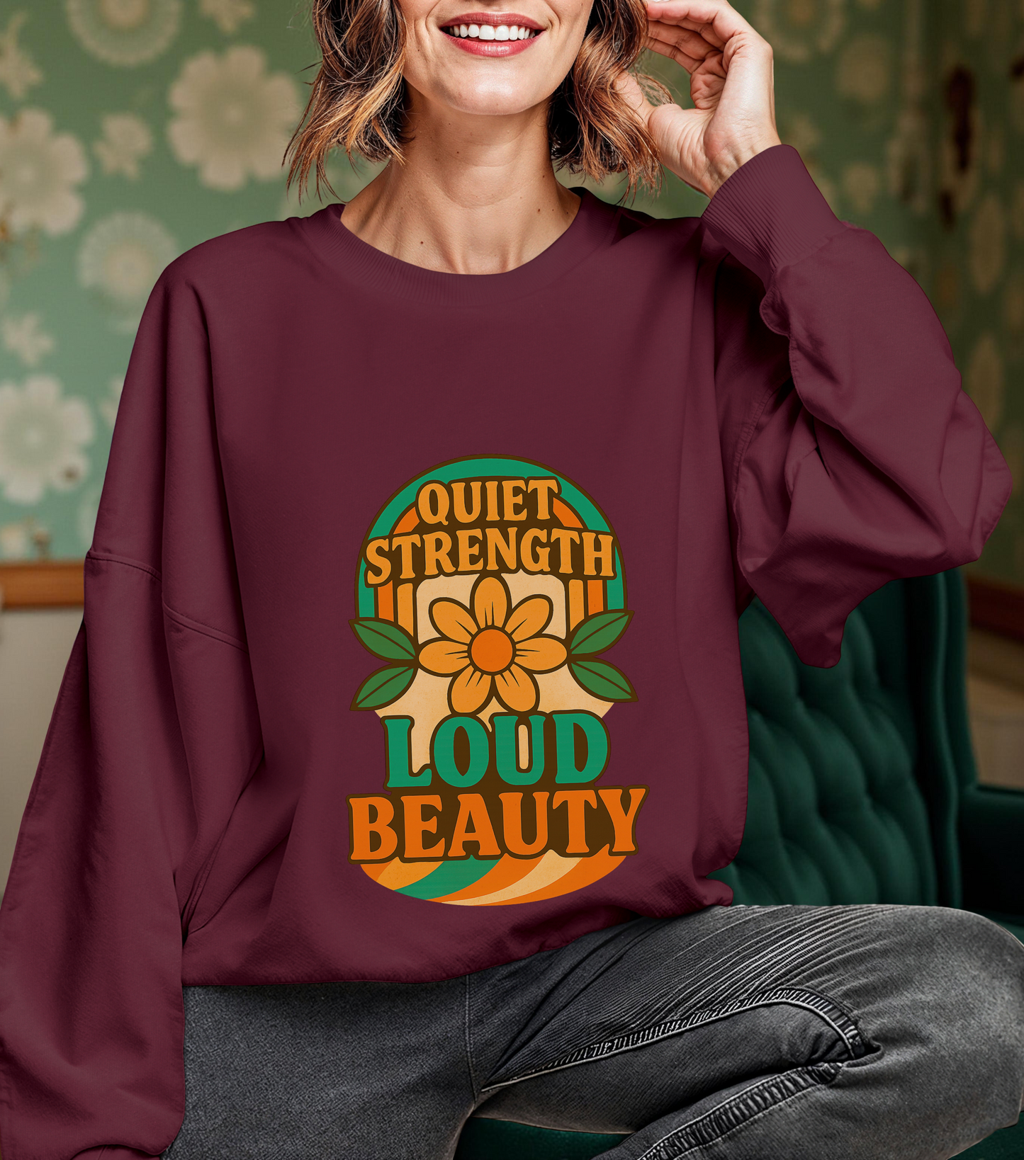 Retro Flower Sweatshirt, 70s Vintage Boho Crewneck, Positive Affirmation Graphic Pullover, Women Men Shirt, Gildan 18000, Quiet Strength