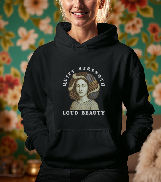Quiet Strength Loud Beauty Unisex Hoodie, Gildan 18500 Sweatshirt, Feminist Empowerment Pullover, Retro Art Style Hooded Jumper, Graphic