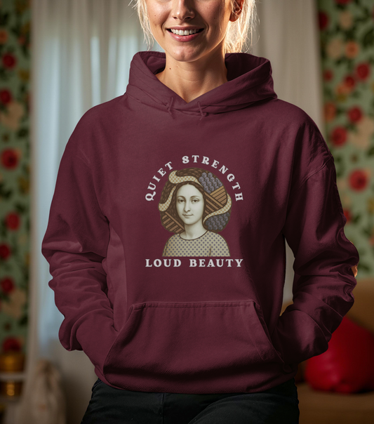 Quiet Strength Loud Beauty Unisex Hoodie, Gildan 18500 Sweatshirt, Feminist Empowerment Pullover, Retro Art Style Hooded Jumper, Graphic
