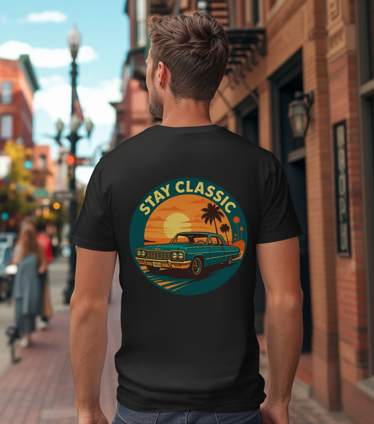Stay Classic Car T-Shirt | Retro Lowrider Sunset Graphic Tee | Gildan 5000