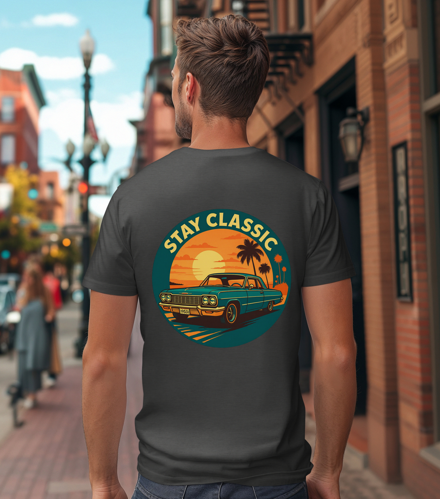 Stay Classic Car T-Shirt | Retro Lowrider Sunset Graphic Tee | Gildan 5000