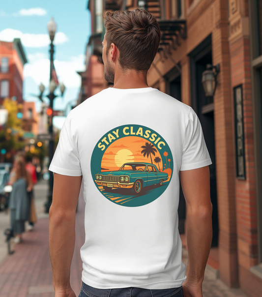Stay Classic Car T-Shirt | Retro Lowrider Sunset Graphic Tee | Gildan 5000