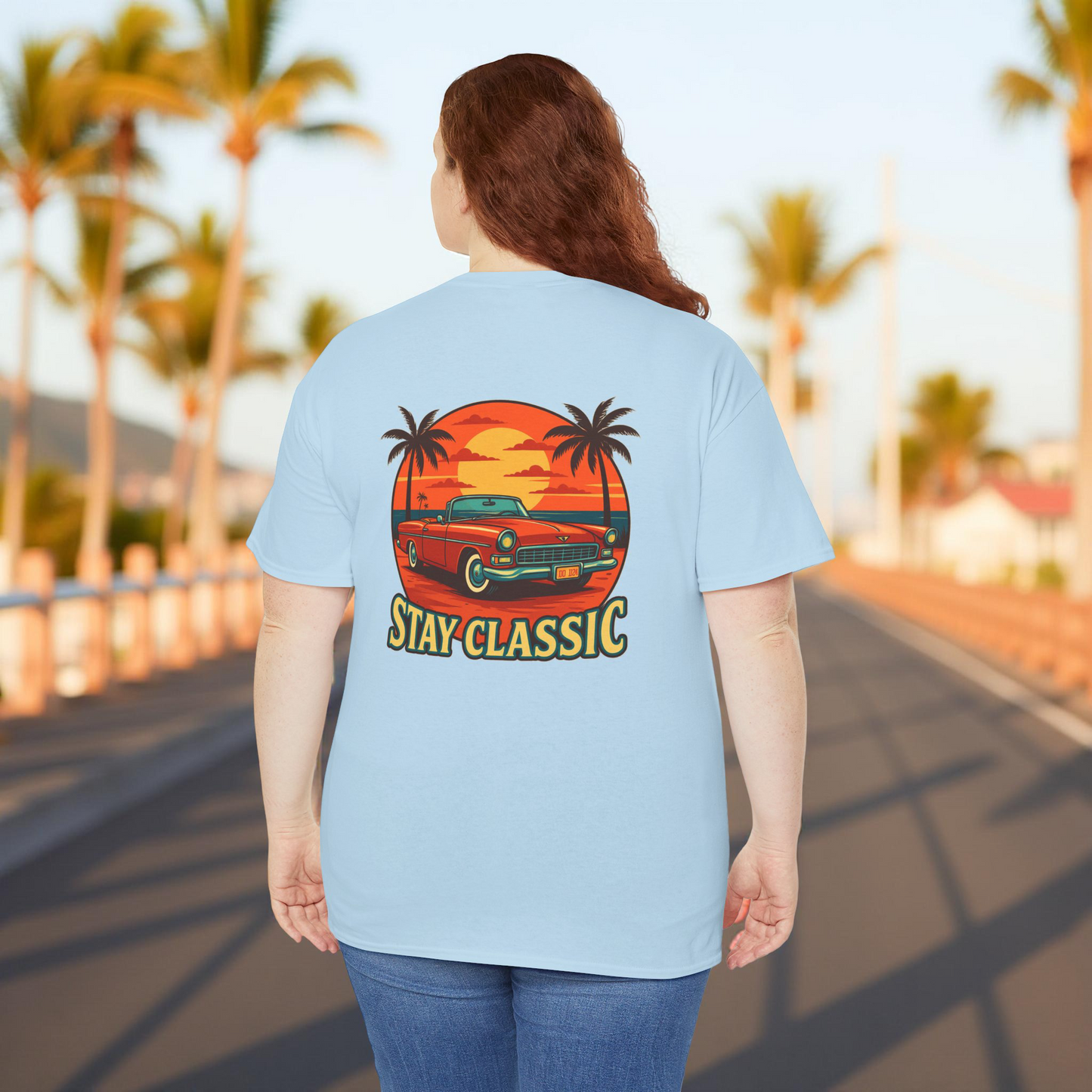 Stay Classic Car T-Shirt | Retro Sunset Lowrider Graphic Tee | Gildan 5000